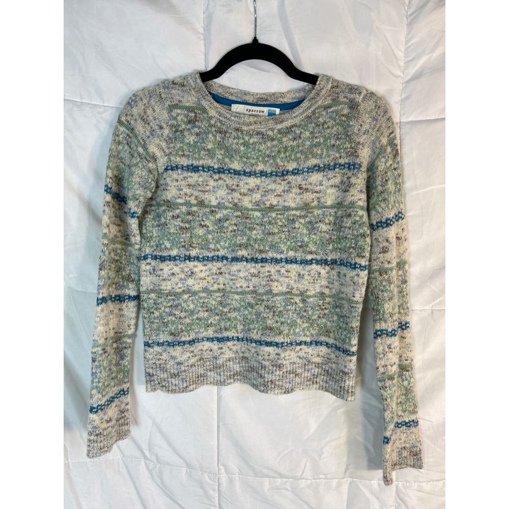 Sparrow Striped Knit Sweater Women's XS Blue Green Cream Long Sleeve Crew Neck‎